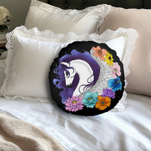 Pegasus Black Floral Round Pillow