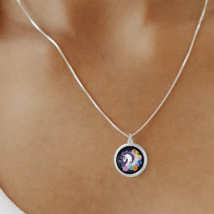 Pegasus Black Floral Silver Plated Necklace