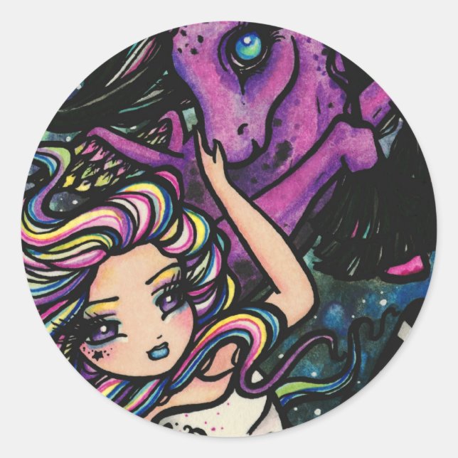 Pegasus Cosmic Rainbow Star Fairy Girl Fantasy Classic Round Sticker (Front)