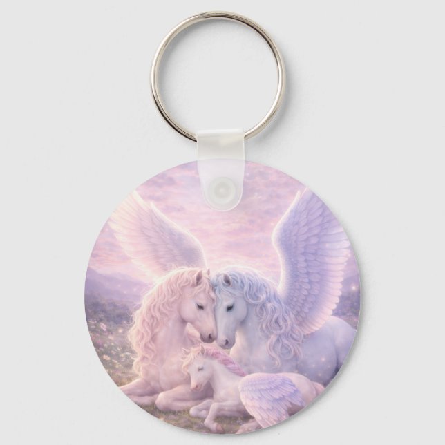 Pegasus Family – Soft Pastel Fantasy Canvas Art Keychain (Front)