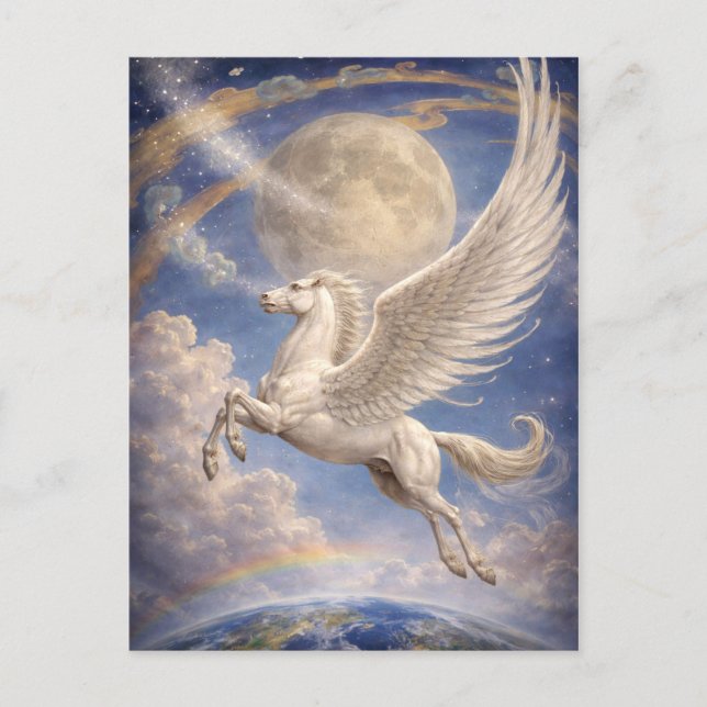 Pegasus Flying Between Earth And Moon Fantasy Art Postcard (Front)