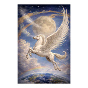 Pegasus Flying Between Earth And Moon Fantasy Art Poster