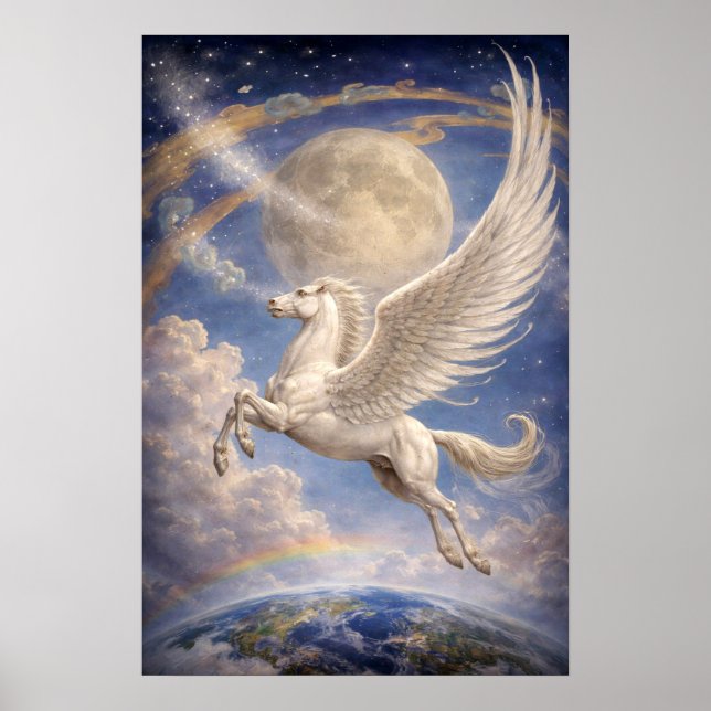 Pegasus Flying Between Earth And Moon Fantasy Art Poster (Front)
