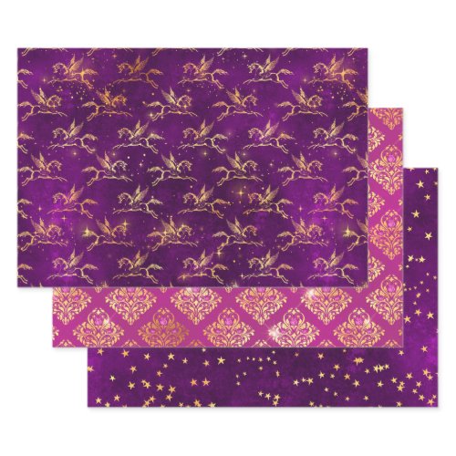 Pegasus &amp; Gold Floral Pattern in Purple &amp; Pink Wrapping Paper Sheets