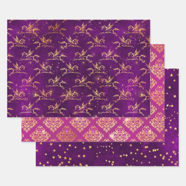 Pegasus & Gold Floral Pattern in Purple & Pink Wrapping Paper Sheets (Set)