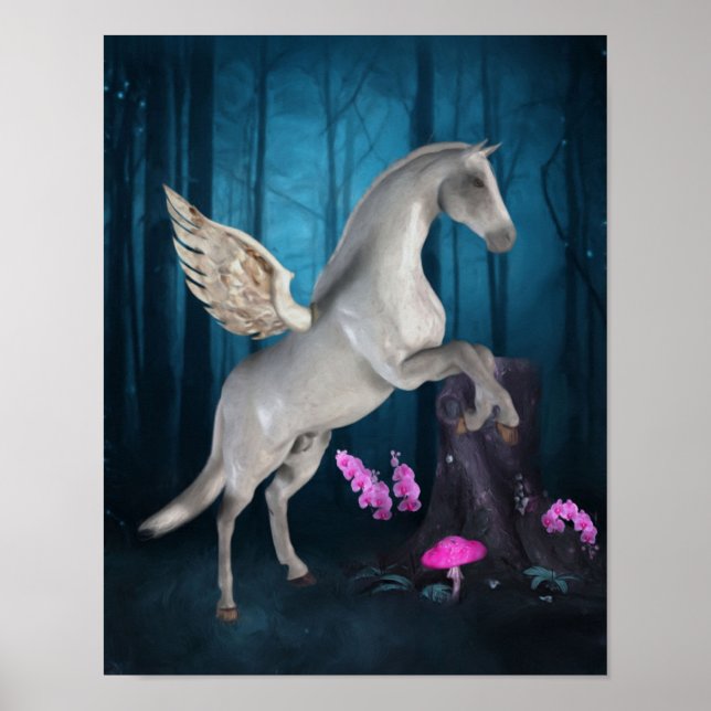 Pegasus Magical Forest Fantasy Horse Art Poster (Front)