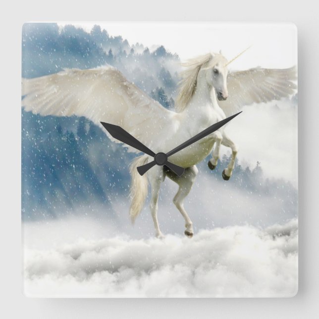 Pegasus Mythical Unicorn Flying Horse Square Wall Clock (Front)