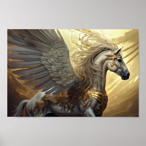 Pegasus the Winged Horse in Golds and Grays Poster