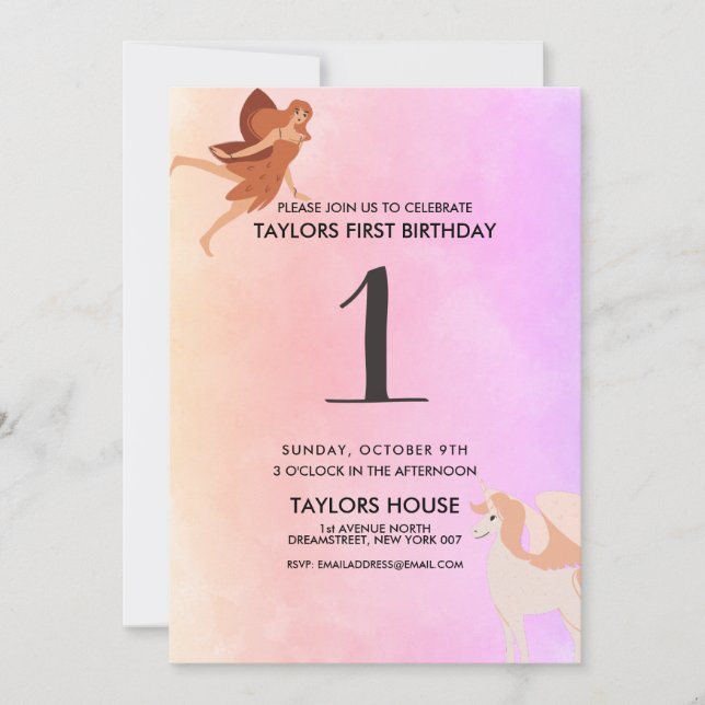 Pegasus Unicorn Cute 1st Birthday Party Invitation (Front)