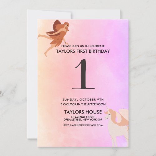 Pegasus Unicorn Cute 1st Birthday Party Invitation