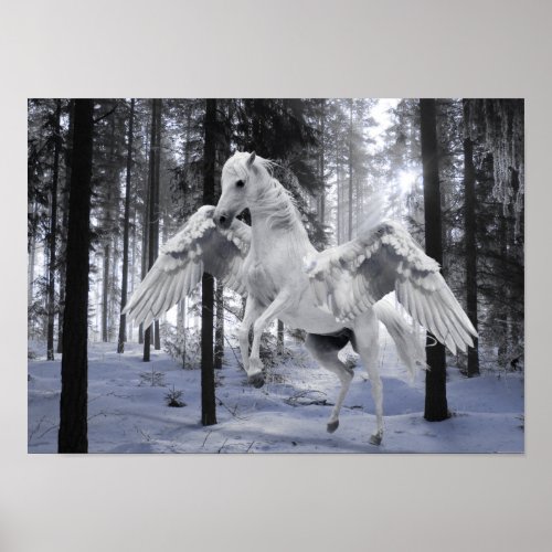 Pegasus Winged Flying Horse Forest Snow Poster