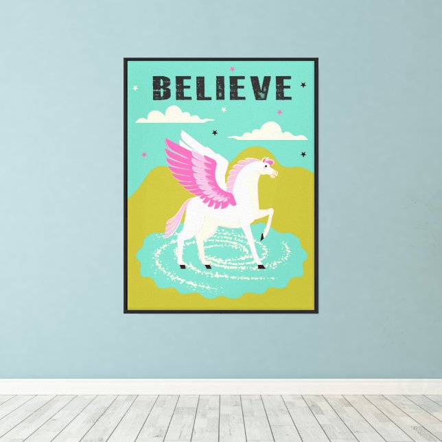 pegasus winged horse retro mod pop art canvas print (Insitu(Wood Floor))