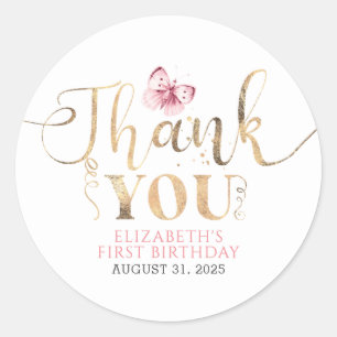 Pegatina Redonda Gracias de oro y mariposa rosa
