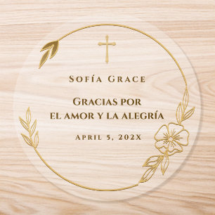 Pegatina Transparente Bautizo Niña Cruz Dorada Classic Round Sticker