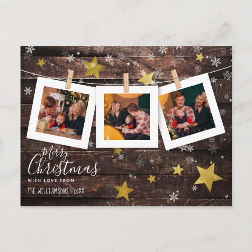 Pegged Photo Line  Wood  Gold Christmas Holiday Postcard