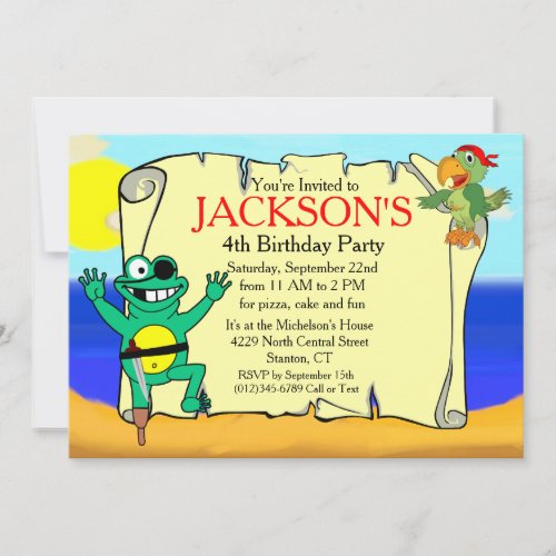 Pegleg Frog Pirate Parrot Birthday Invitation