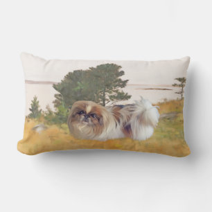 Pekingese at the Seashore Lumbar Pillow