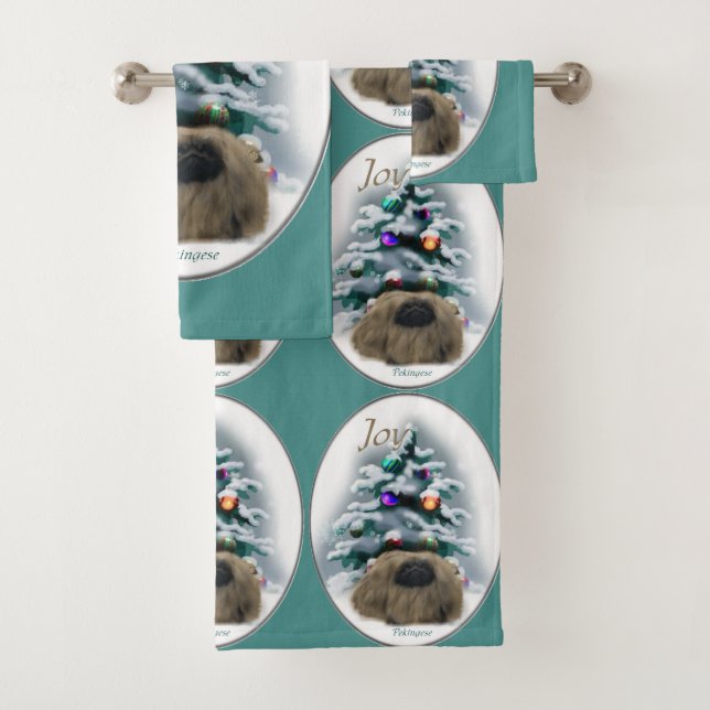 Pekingese Christmas Bath Towel Set (Insitu)