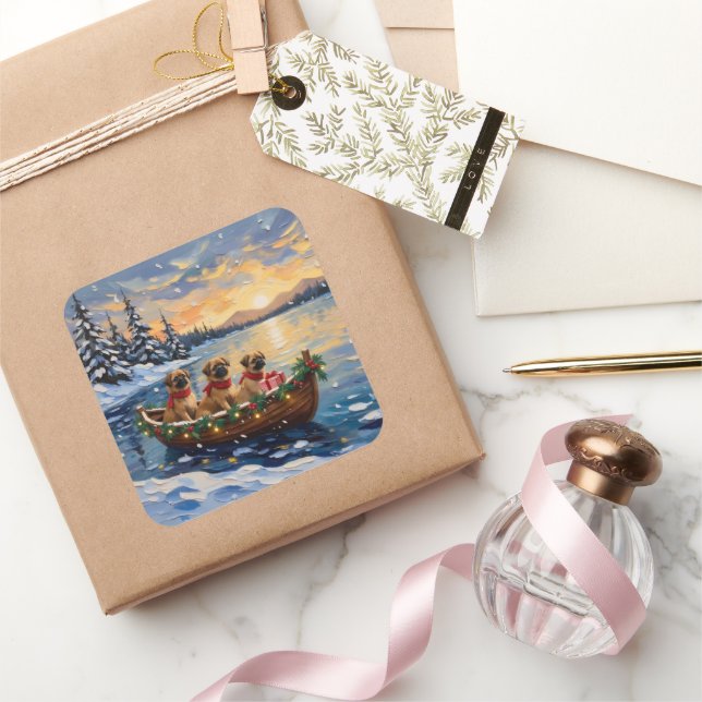 Pekingese Christmas Boat Holiday Square Sticker (Gifting)