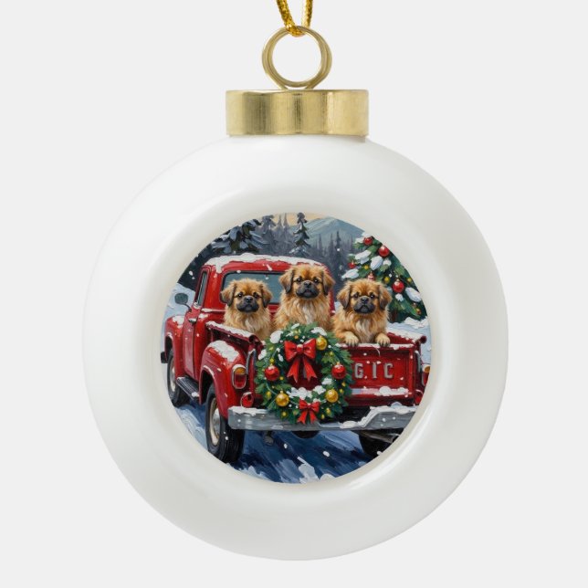 Pekingese Christmas Red Truck Holiday Ceramic Ball Christmas Ornament (Front)