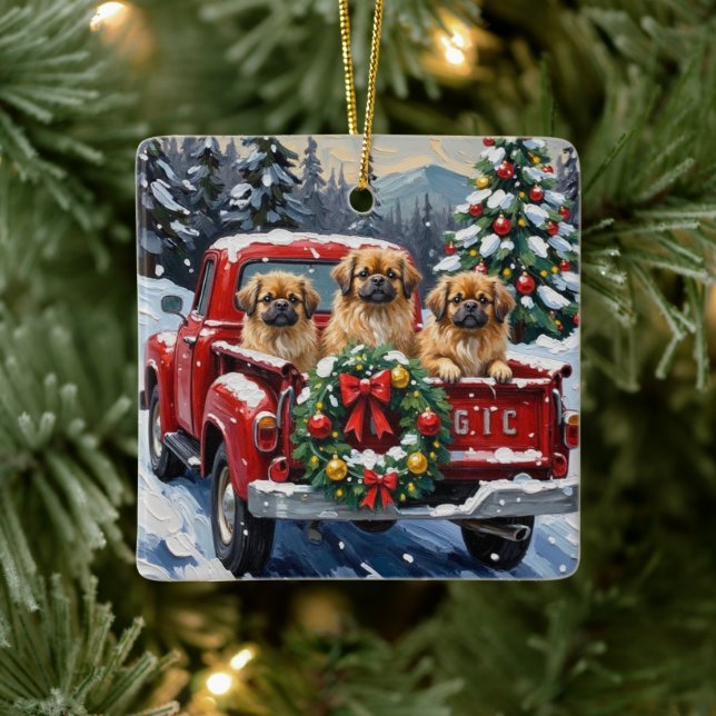Pekingese Christmas Red Truck Holiday Ceramic Ornament (Tree)