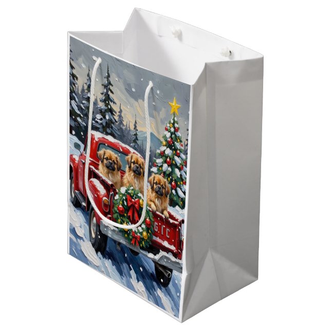 Pekingese Christmas Red Truck Holiday Medium Gift Bag (Front Angled)
