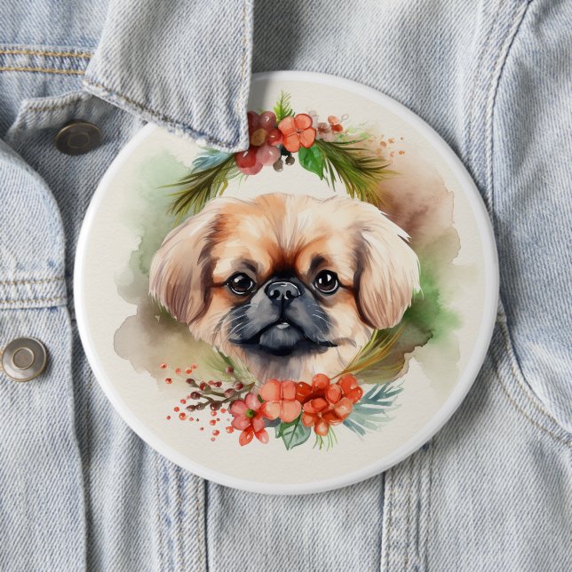 Pekingese Christmas Wreath Festive Pup  Button (In Situ)