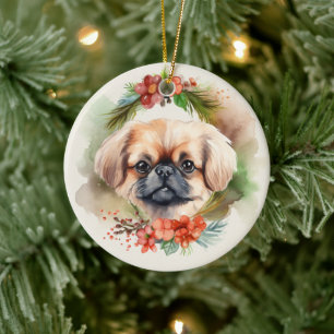 Pekingese Christmas Wreath Festive Pup Ceramic Ornament