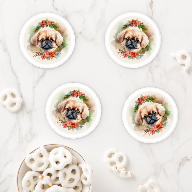 Pekingese Christmas Wreath Festive Pup  Coaster Set (In Situ)