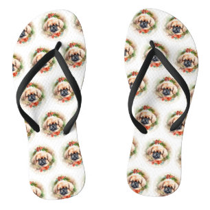 Pekingese Christmas Wreath Festive Pup Flip Flops