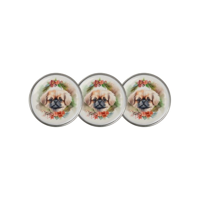 Pekingese Christmas Wreath Festive Pup  Golf Ball Marker (3 Up)