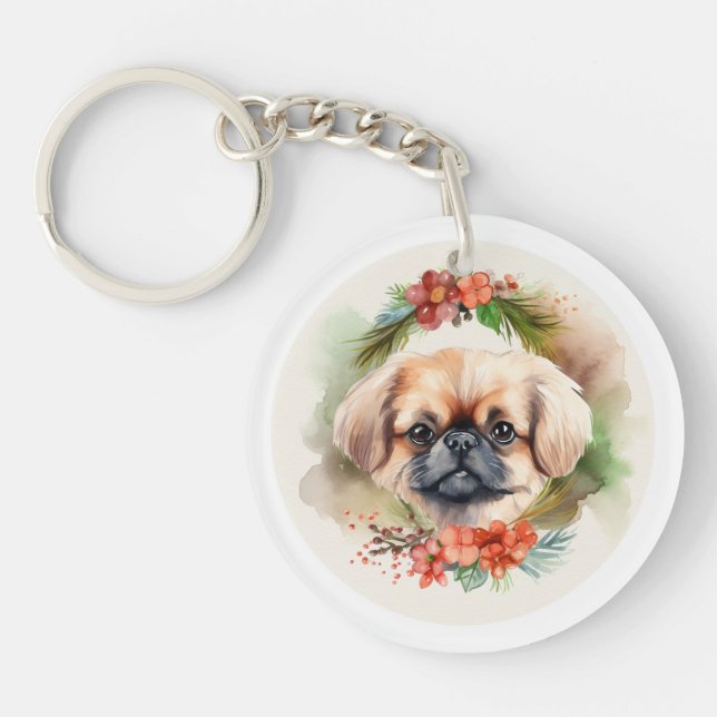 Pekingese Christmas Wreath Festive Pup  Keychain (Front)