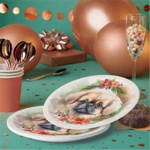 Pekingese Christmas Wreath Festive Pup Paper Plates