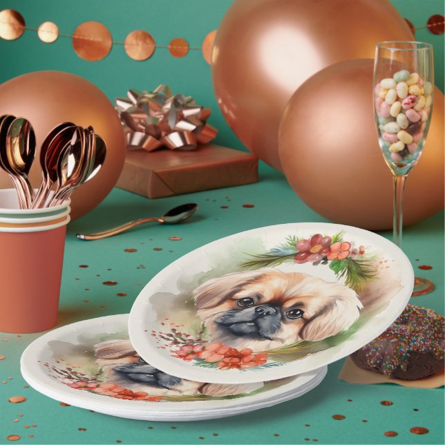 Pekingese Christmas Wreath Festive Pup  Paper Plates (Multi)