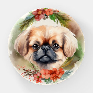 Pekingese Christmas Wreath Festive Pup Paperweight