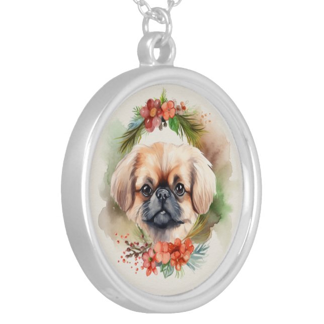 Pekingese Christmas Wreath Festive Pup  Silver Plated Necklace (Front Left)
