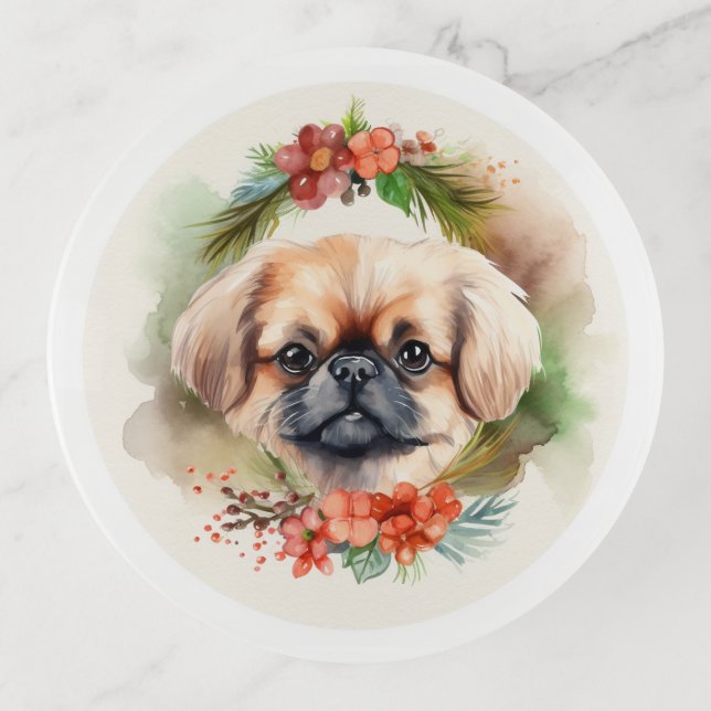 Pekingese Christmas Wreath Festive Pup  Trinket Tray (Front)
