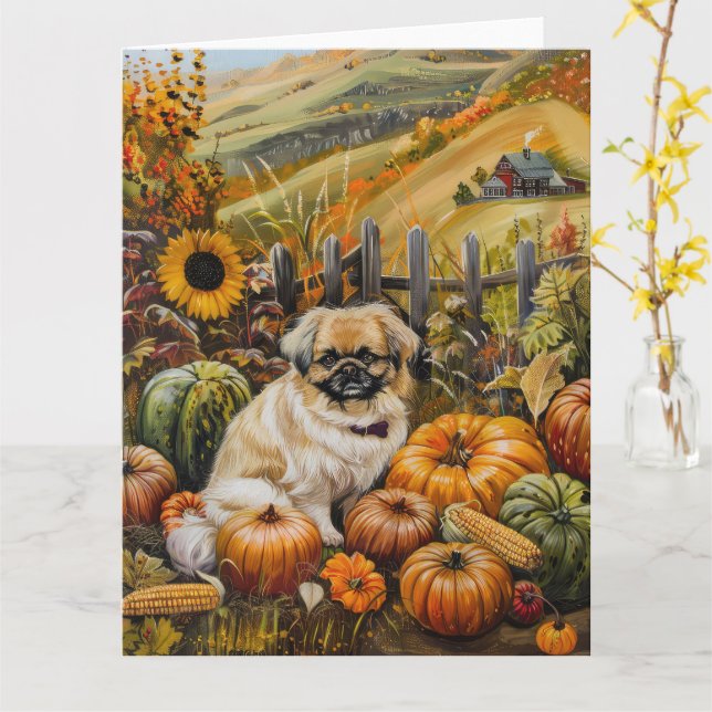 Pekingese Dog Autumn Harvest Thanksgiving Card (Yellow Flower)