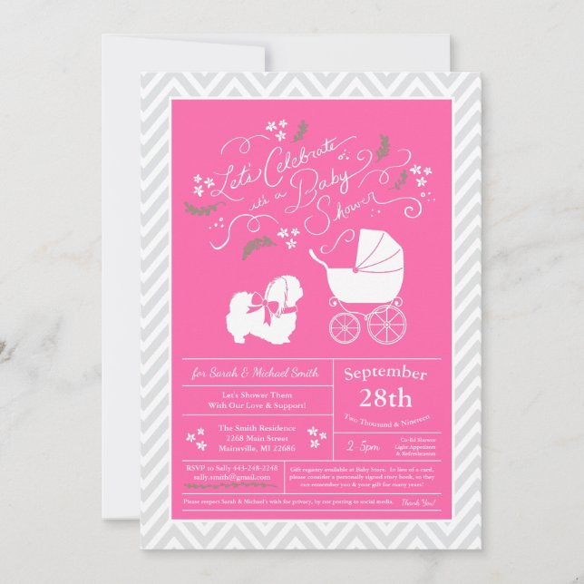 Pekingese Dog Baby Shower Girl Pink Invitation (Front)