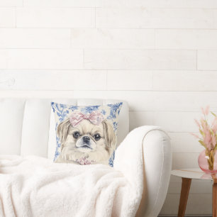 Pekingese Dog Blue Toile Throw Pillow