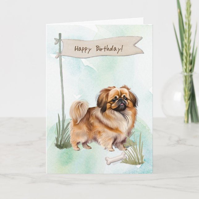 Pekingese Dog Breed Outdoors Under Birthday Sign Card (Front)