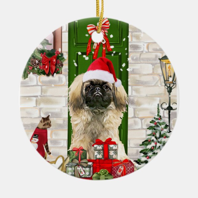 Pekingese Dog Christmas  Ceramic Ornament (Front)