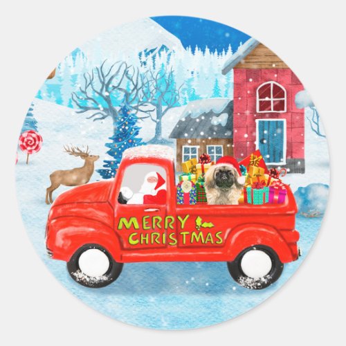 Pekingese Dog Christmas Delivery Truck Snow Classic Round Sticker