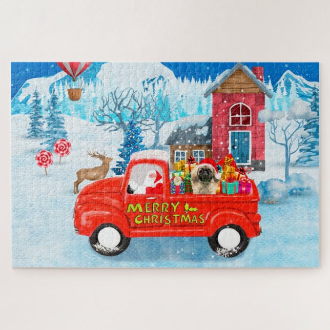 Pekingese Dog Christmas Delivery Truck Snow Jigsaw Puzzle (Horizontal)