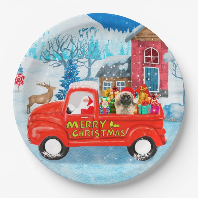 Pekingese Dog Christmas Delivery Truck Snow Paper Plates (Front)