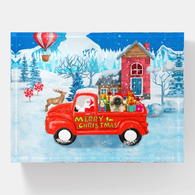 Pekingese Dog Christmas Delivery Truck Snow Paperweight (Front)