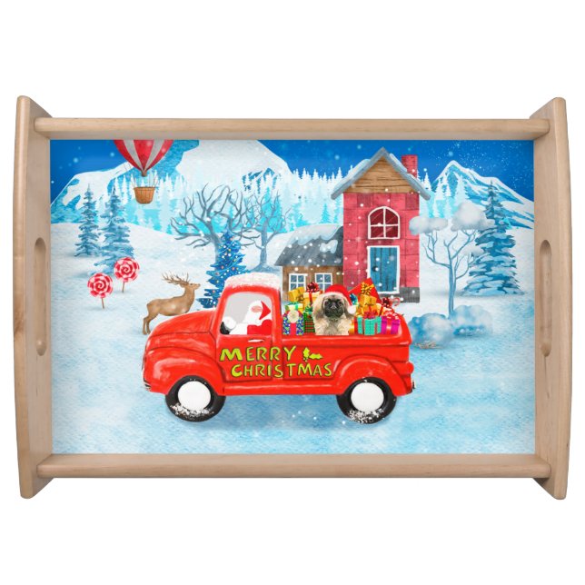 Pekingese Dog Christmas Delivery Truck Snow Serving Tray (Front)