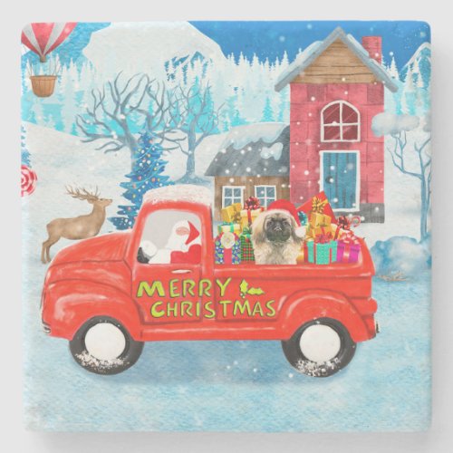 Pekingese Dog Christmas Delivery Truck Snow Stone Coaster