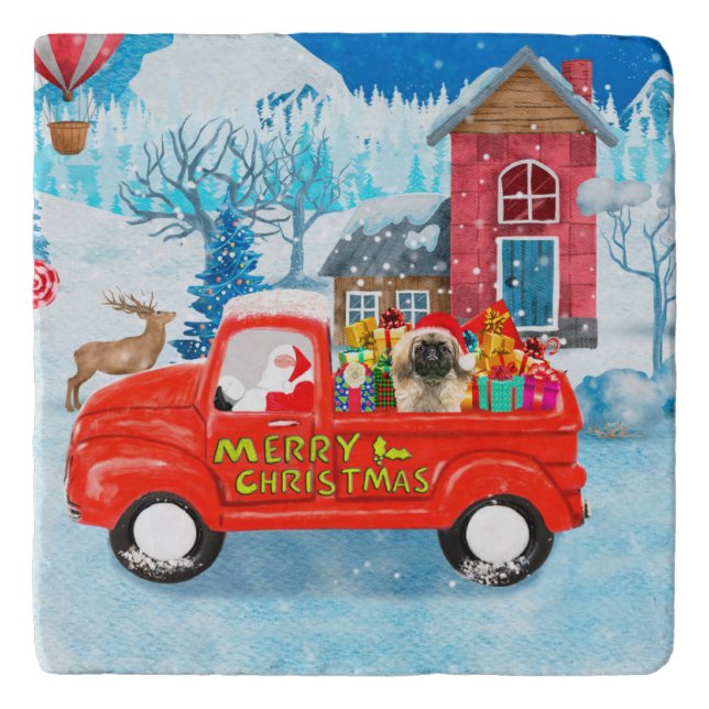 Pekingese Dog Christmas Delivery Truck Snow Trivet (Front)