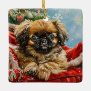 Pekingese Dog Christmas Festive Ceramic Ornament
